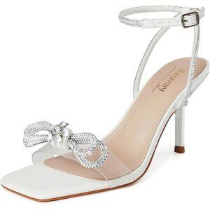 Women's White+bl Closed Toe Rhinestone Wedding Low Slingback Clear Kitten Heels